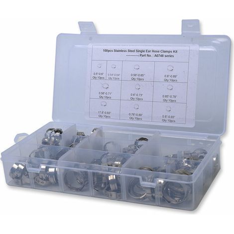 Kit d'assortiment de colliers de serrage en continu à oreille unique, ensemble de colliers de serrage à sertir, 100 pièces, 7-15 mm, acier inoxydable 304 (1/4)