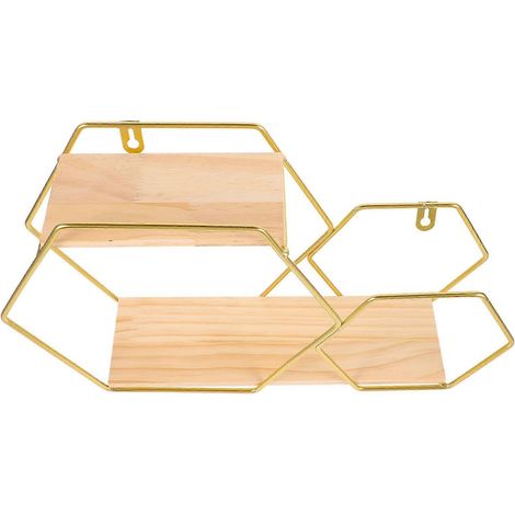 Étagère murale hexagonale en métal doré et bois. (1/5)