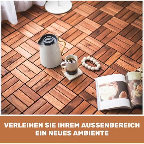 Dalles de jardin embrayables en acacia, motif quadrillage, lot de 11, carreaux 30,5x30,5 cm, habillage sol extérieur en bois dur brun, pour balcon, patio, abords de piscine (1/5)