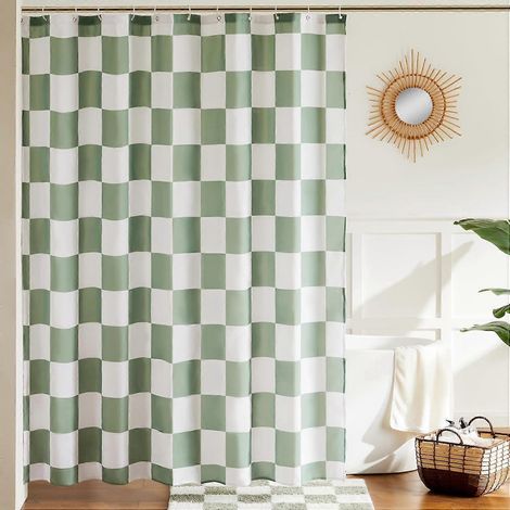 Rideau de douche à carreaux vert sauge pour salle de bain, joli rideau de douche à carreaux rétro, lavable en machine, 180 x 180 cm (1/5)