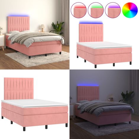 Cama box spring colchón y LED terciopelo rosa 120x200 cm - Colchón con LED - Cama box spring
