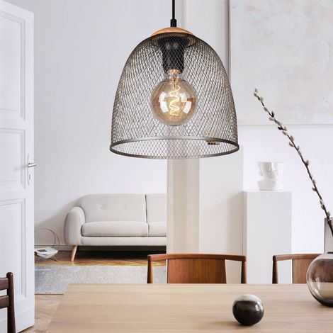 Lampe à suspendre Lampe de table argentée 1 flamme Réglable en hauteur Abat-jour grillagé, métal bois, 1x douille E27, DxH 25x150 cm