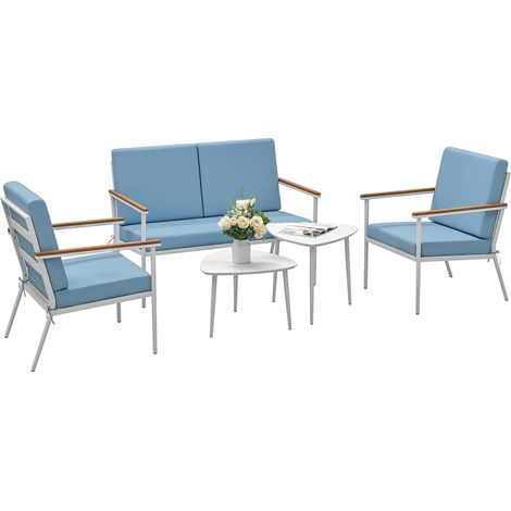 Salon de jardin extérieur 4 personnes, salon de balcon 5 pièces avec canapé, 2 fauteuils et 2 tables basses bleu clair (1/5)