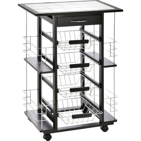 Küchenwagen mit mehreren Staufächern, 4 Metallkörben, Schublade + 4 Flaschenhaltern, Kiefernholz, weiße Fliesenplatte (1/5)