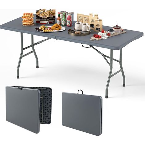 COSTWAY Tavolo Pieghevole Portatile da 180/245 cm, Tavolo da Campeggio in HDPE, Meccanismo di Blocco Sicuro, Tavolo da Picnic con Maniglia, Portata 160 kg (180 cm,Grigio) (1/5)