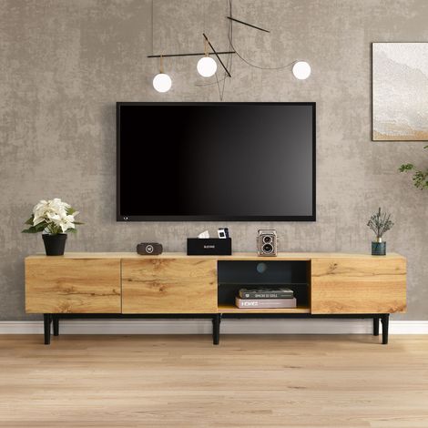 Meuble tele,meuble tv chambre,avec éclairage LED, trois compartiments de rangement, MDF, naturel + noir (1/5)