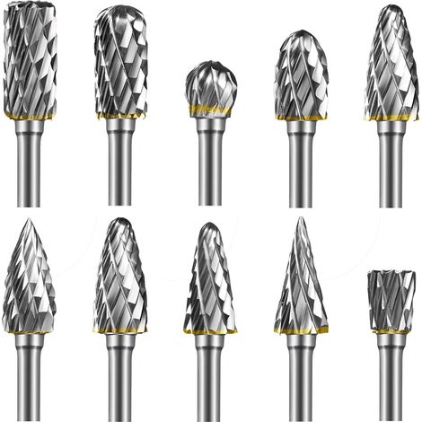 Juego de 10 fresas rotativas de carburo de tungsteno con doble filo - Diámetro del vástago: 3 cm - Para cortar madera, taladrar y grabar. (1/5)