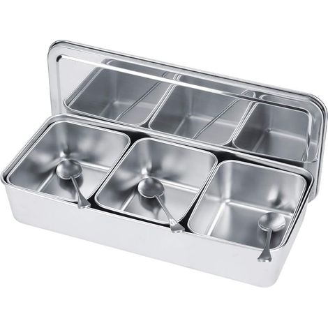 Coffret D'assaisonnement en Acier Inoxydable, Pot à épices à 3 Grilles avec Couvercle de Cuillères pour la Cuisine du Restaurant (1/5)