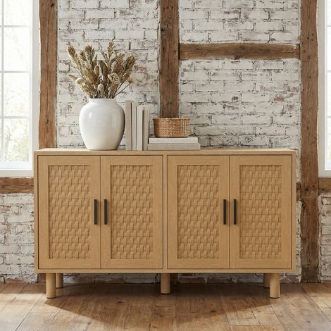 Buffet rotin 4 portes, 8 compartiments, meuble de rangement pour salon et salle à manger, design scandinave, 140x40x80 cm - Nature