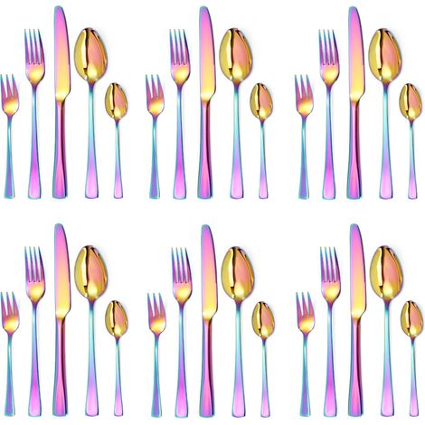 Service de couverts pour 6 personnes, 30 pièces, couverts arc-en-ciel avec couteau, fourchette, cuillère en acier inoxydable, poli haute brillance (1/5)