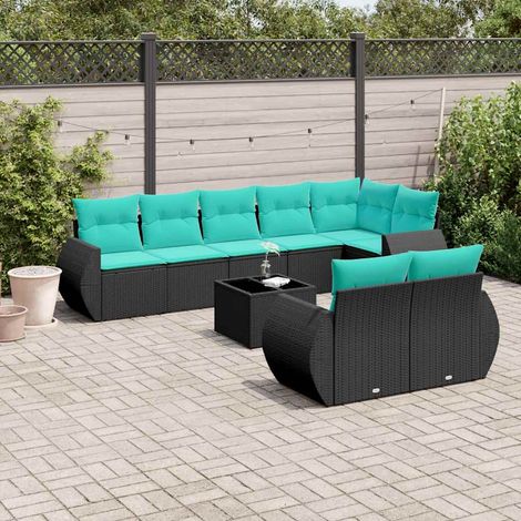 Teenpull – 9-teiliges Gartensofa-Set mit Kissen, schwarzes Polyrattan (1/5)
