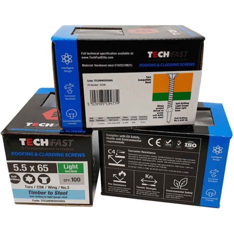 ForgeFix TechFast Timber to Steel CSK/Wing Screw No.3 Tip 5.5 x 40mm Box 100 FORTFC5540L