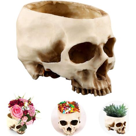 MINKUROW Totenkopf Halloween Kunstharz Totenkopf Aschenbecher Gothic Deko Totenkopffiguren Multifunktionale Totenkopf Deko Blumentopf Bonbonschale (1/5)