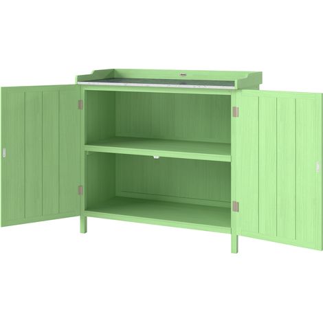 Wood Garden Storage Cabinet, Outdoor Tool Shed, Potting Bench Table with galvanised Top Two Shelves for garden Tools or Pool Accessories, Green (1/5)