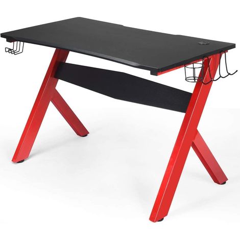 Goplus – Bureau gaming 115 x 60 cm – Cadre en acier R – 1 porte-gobelet, 2 supports de manette, 1 crochet pour casque – Surface en fibre de carbone PVC (1/5)