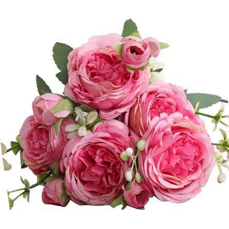 bouquets de 5 roses persanes artificielles, bouquet de fleurs noué à la main pour mariage, salon ou décoration intérieure, rose et violet. (1/5)