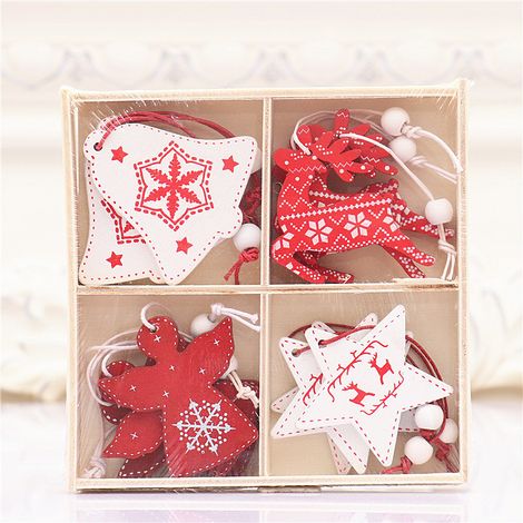 Decoration Noel Bois Nordique à Suspendre (Lot de 12) - Deco Noël Bois avec 4 Motifs de Renne, Cloche, Boule, Ange, Sapin et Étoile - Decoration de Noel Blanc et Rouge