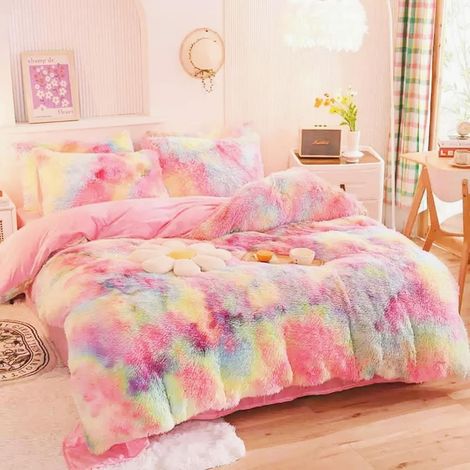 Housse de Couette Hiver Peluche 220x240 Arc en Ciel Dégradé Flanelle Parure de lit 2 Personnes Sets de Housse de Couette Chaude Linge de Lit avec 2 Taies d'oreiller 65x65 et Fermeture Éclair (1/5)