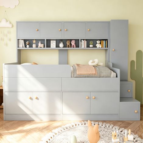 Lit combiné enfant 1 place 90x200 cm avec armoire, nombreux rangements, étagères, escalier de rangement, éclairage LED, garde-corps, bois, gris (1/5)