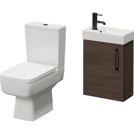 Napoli Cube Brown Oak 400mm Single Door Wall Mounted Vanity Unit and Toilet Suite with Align Basin - 400mm - Matt Black 160mm Handle