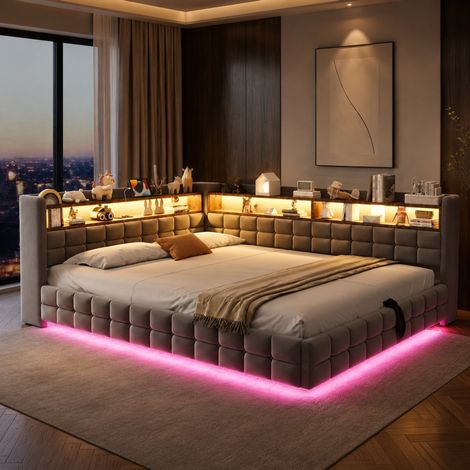 Polsterbett 140x200 mit LED, Stauraum, Steckdose, USB und USB-C, hellgrauer Samt OKMYHOME (1/5)