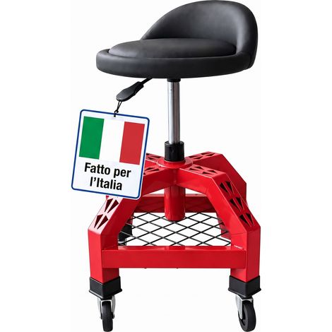 Relaxdays Sgabello da officina con ruote, regolabile, 136 kg, HLP 50x40x40 cm, molla a gas, metallo, rosso (1/5)