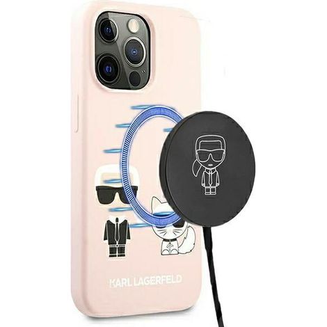 Funda rígida Karl Lagerfeld KLHMP13LSSKCI para iPhone 13 Pro / 13 de 6,1 pulgadas, color rosa claro/silicona rosa claro, Ikonik Karl & Choupette MagSafe (1/5)