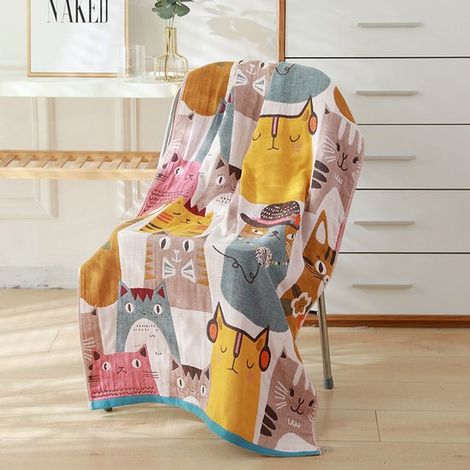 Couverture chat pour enfants et filles - Joli imprimé animal - 4 couches 100 % coton peigné - Douce et chaude - Convient pour le lit, le canapé et le fauteuil - 70 cm x 140 cm (1/2)