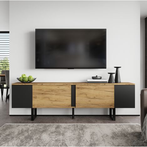 Meuble TV 180x40x55 cm en panneaux de particules bois et noir, 2 portes, pour salon – MEUBLIV (1/5)