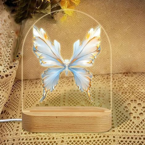 Veilleuse en forme d'arc avec papillon blanc et bord doré-bleu Lampe LED 3 couleurs Décoration chambre enfant Cadeau fille garçon (1/5)