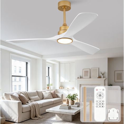 MODFU – Ventilador de techo 52" con 3 aspas de madera maciza, motor DC, LED 3CCT y mando a distancia – Blanco dorado (1/5)