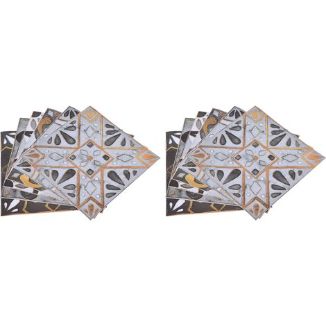 Lot de 2 rouleaux (12 feuilles) stickers carreaux imitation or antique, autocollants muraux waterproof cuisine salle de bain, style rétro, gris clair bord doré, 20x20cm. (1/5)