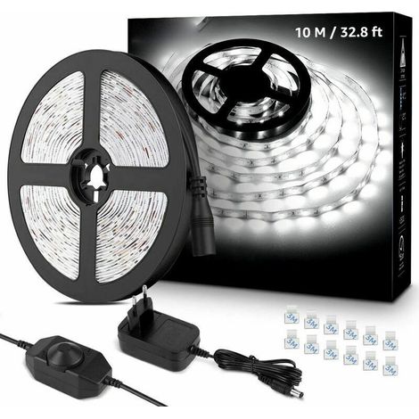 Barra luminosa a LED da 10 m, 600 LED SMD 2835, bianco freddo 6000K, 16W 2300lm, ideale per mobili, scale, camera da letto e cucina (2 rotoli da 5 m)