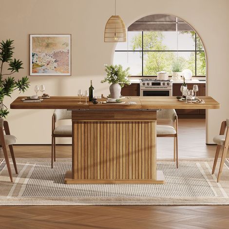 Table à Manger 120‑160 cm extensible avec rangement dissimulé bandes en relief verticales et aspect bois brun foncé (1/4)