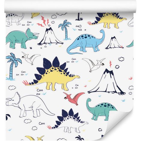 Papier peint dinosaures, palmiers et volcan pour salon et chambre 50x1000 cm (1/5)
