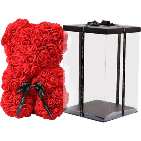 Rose artificielle mignonne en forme d'ourson (25 cm) pour anniversaire de mariage, avec coffret cadeau transparent rouge. (1/5)
