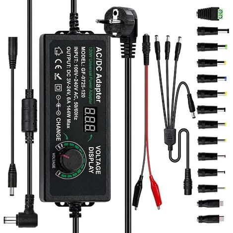 Alimentation Réglable, Adaptateur Secteur Universel 3V-24V 6A 144W, Adaptateur AC DC 100V-240V avec Affichage LED, Embouts Max Électronique Domestique (1/5)