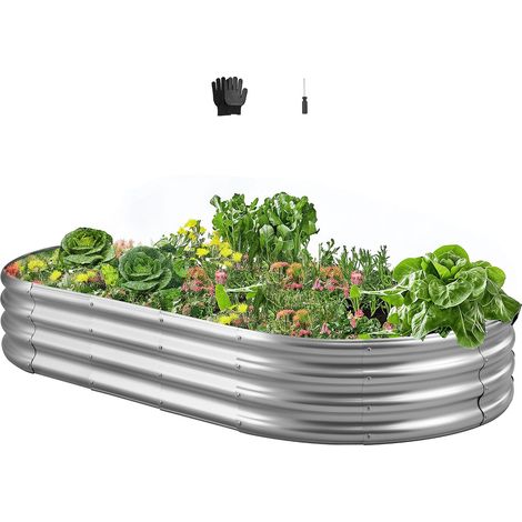 VEVOR Cama Elevada de Jardín 180 x 90 x 29 cm Ovalada, Arriate de Jardín de Metal con Fondo Abierto, para Cultivo de Flores Plantas Verduras con Accesorios para Patio, Balcón, Terraza, Plateado (1/5)