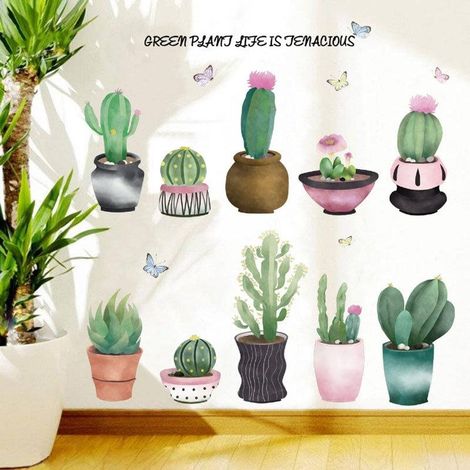 Stickers muraux cactus en pot pour chambre, cuisine et décoration intérieure (1/4)