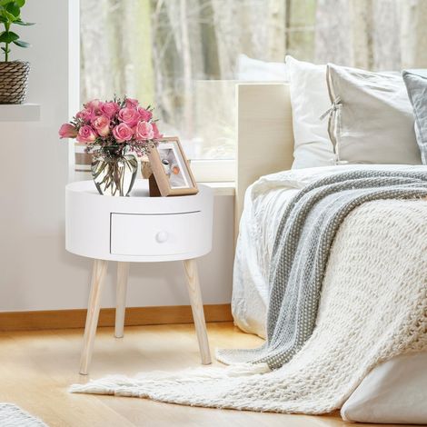 Runder Couchtisch/Nachttisch – skandinavischer Beistelltisch mit Schublade, konisch zulaufenden Beinen, massives helles Eichenholz