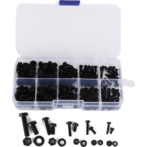 Nylon-Befestigungsset – 270-teiliges Sortiment – Schrauben, Muttern und Unterlegscheiben M2, M2,5, M3, M4, M5 – Schwarz (1/5)
