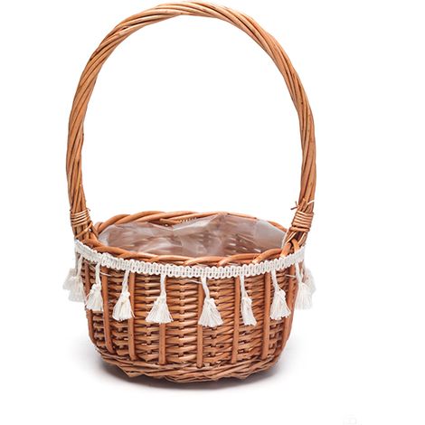 1 Panier en rotin, tressé, avec doublure plastique, pompon, pour mariage, fête, rangement (1/5)