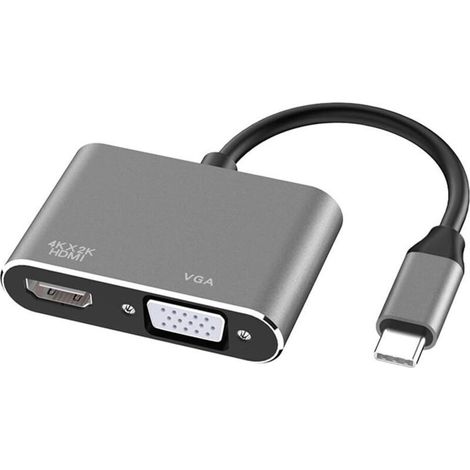 Adaptador USB C a HDMI VGA, 2 en 1 Tipo C a HDMI 4K, VGA 1080P Compatible con MacBook Pro/Air 2020 2019, iPad Pro, Surface, Gris (1/5)