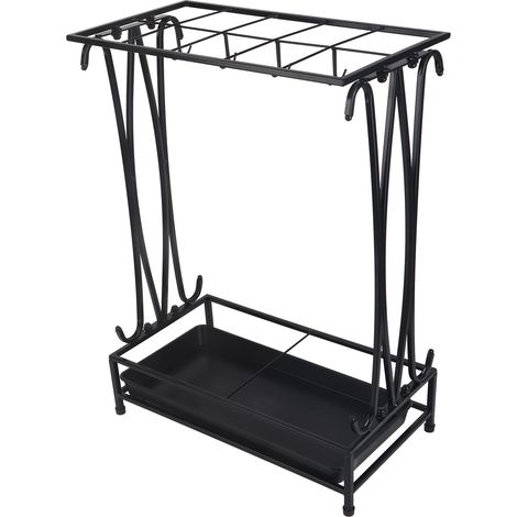 Schirmständer aus Eisen mit Abtropfschale, 10 Löchern und 8 Haken, schwarz. Ideal für Zuhause, Hotellobbys und andere Räumlichkeiten. (1/5)