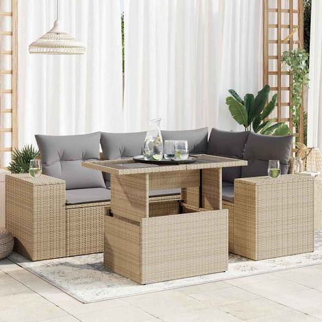 5-tlg. Garten-Sofagarnitur mit Kissen Beige Poly Rattan (1/5)