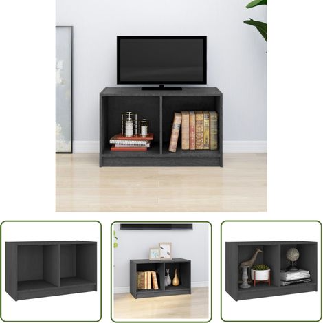 The Living Store Meuble TV Gris 70x33x42 cm Bois de pin massif - Meuble Tv - Meuble Audio - Support Tv - Console Multimedia - Meuble En Bois (1/5)