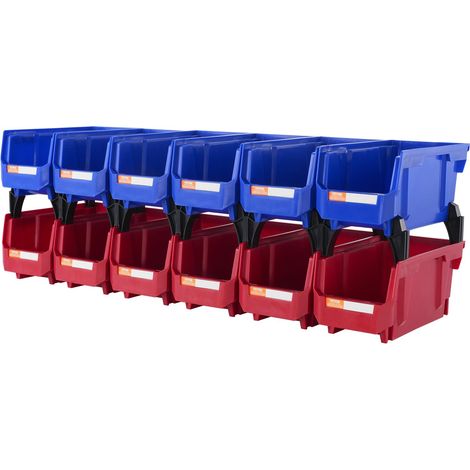 Bac à Bec Plastique 12 Boites Rangement Empilables Atelier 276x139x128 mm Bleu/Rouge Combinaison Conteneur de Stockage Robustes pour Placard, Cuisine, Bureau, Garde-manger, Étagère, Mur d'Outils (1/5)