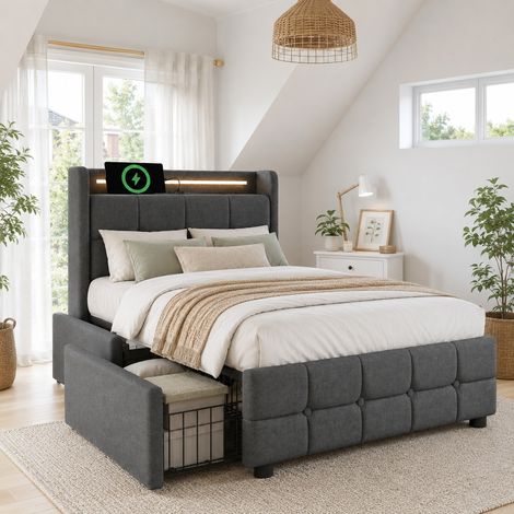 Lit capitonné avec tête de lit à fonction de charge USB, éclairage LED et 2 tiroirs, lit simple de rangement 90x200cm, sommier à lattes en bois, gris (sans matelas) (1/5)