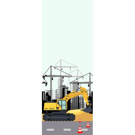 Papier peint panoramique idéal pour chambre garçon | Tapisserie panoramique graphique construction | Papier peint panoramique gris, jaune et bleu - 267 x 100 cm (1 pièce) (1/3)