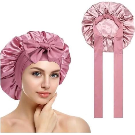 (Rosa) Schlafhaube – Damen – Satin – Bequemes elastisches Haarband (1/4)